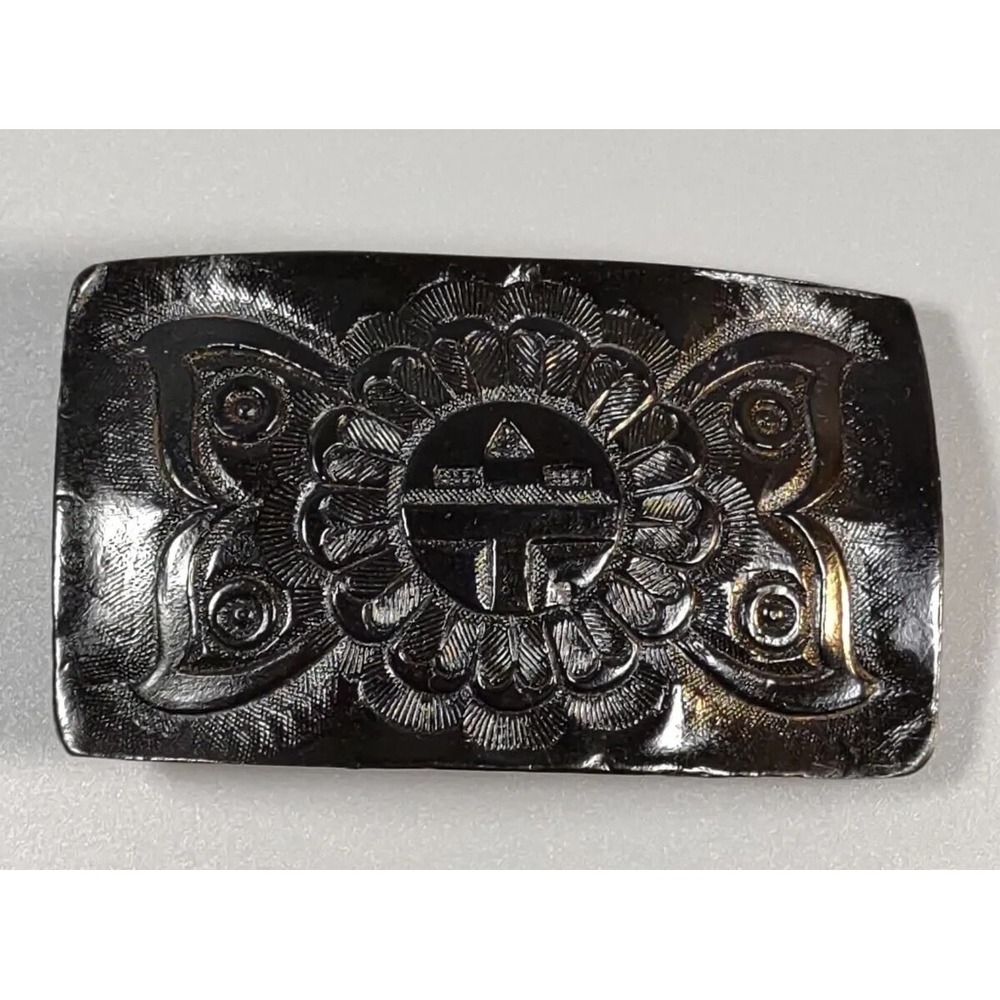 Vintage Black Leather Belt Buckle Butterfly Flower Motif Boho Hipster Rock Roll